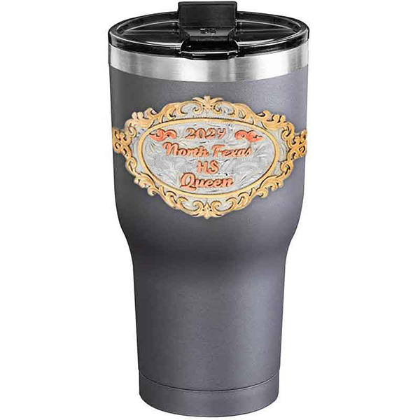 A customized tumbler made of stainless steel with a personalized engraved initials and North Texas High School Queen lettering, 30 oz, ideal for coffee or cool drinks